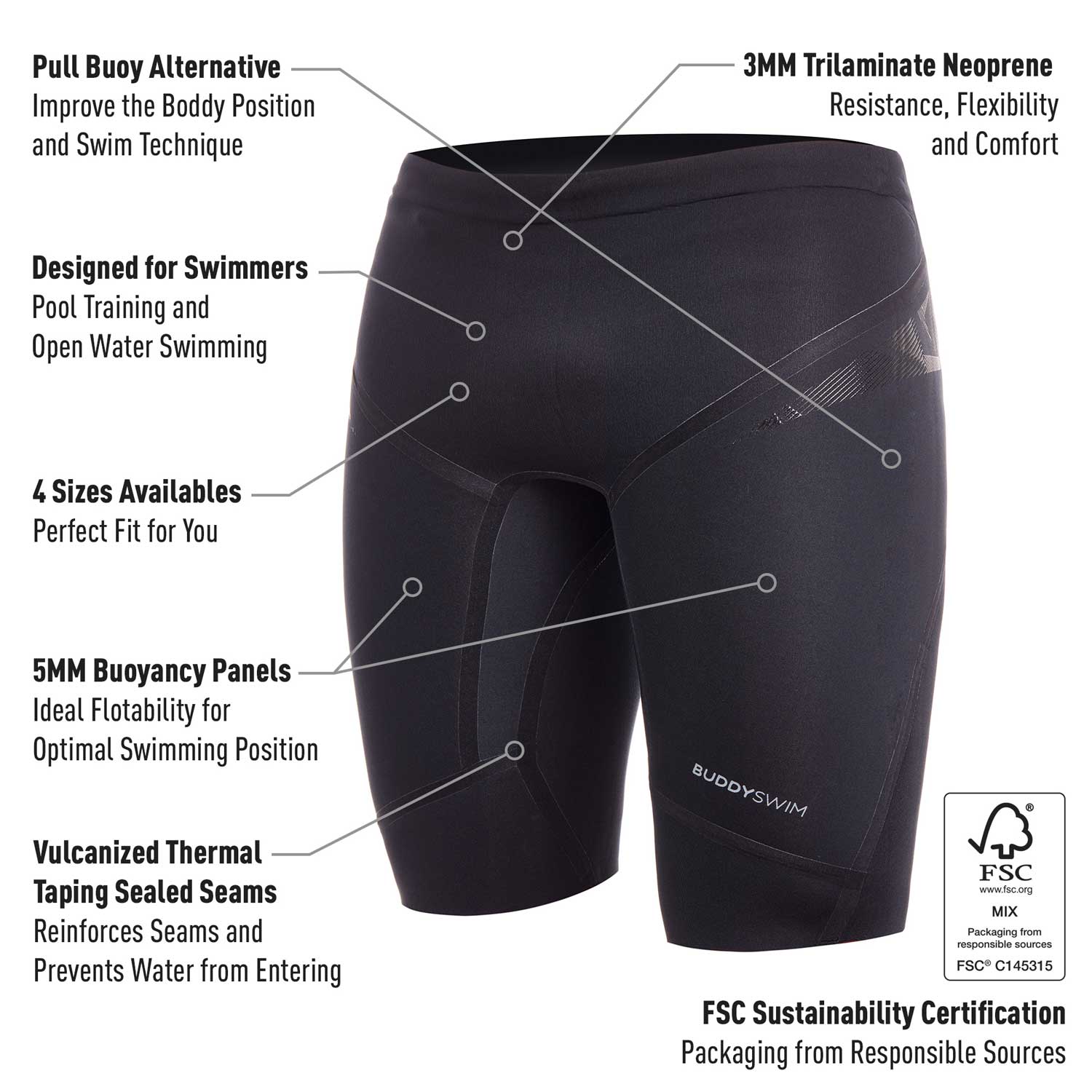 NEOPREN-SCHWIMMHOSE Buddyswim Trilaminat Warmth 5/3mm,Schwarz