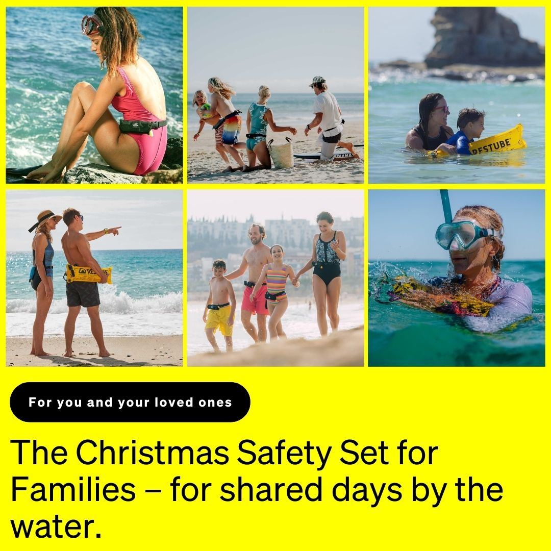Collage of six beach and water scenes: adults and children spending time together by the sea, playing on the beach, swimming, snorkeling, and using RESTUBE safety buoys. Below, the text reads “For you and your loved ones” and “The Christmas Safety Set for Families – for shared days by the water” on a yellow background.