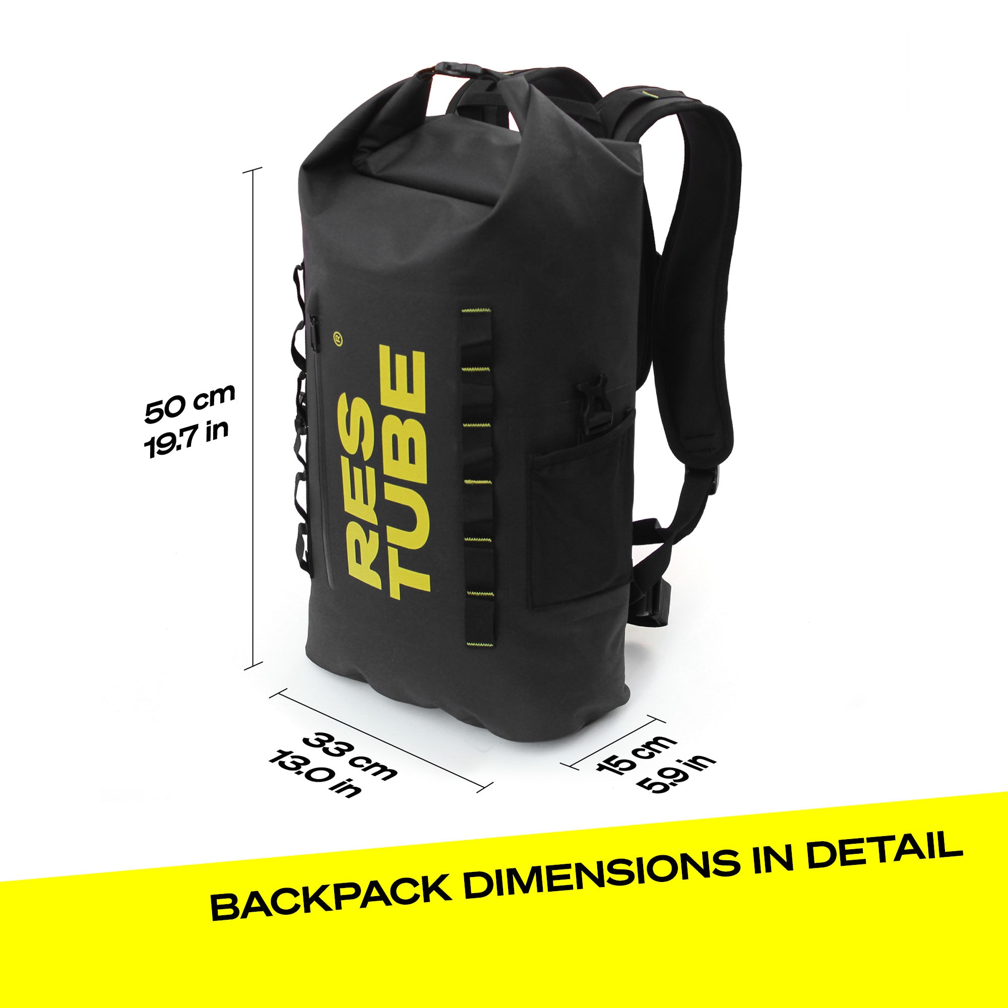 RESTUBE COAST water-resistant backpack with dimensions: 50 cm height, 33 cm width, 15 cm depth