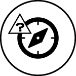 A black-and-white round icon with a compass, symbolizing RESTUBE buoy´s usefullness by the loss of orientation
