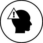 A black-and-white round icon with a persons´s head and a "warning" sign (a triangle with an exclamation point), symbolizing how RESTUBE products can help in a panicy situation