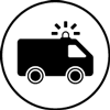 A black-and-white icon with the image of a vehicle with a siren on top - RESTUBE buoys are easily storable in rescue vehicles, at emergency stations and watch towers.