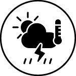 A black-and-white icon with a cloud, a sun, rain, a lightning bolt and a thermometer - symbolising the usefulness of RESTUBE in rapidly changing weather conditions
