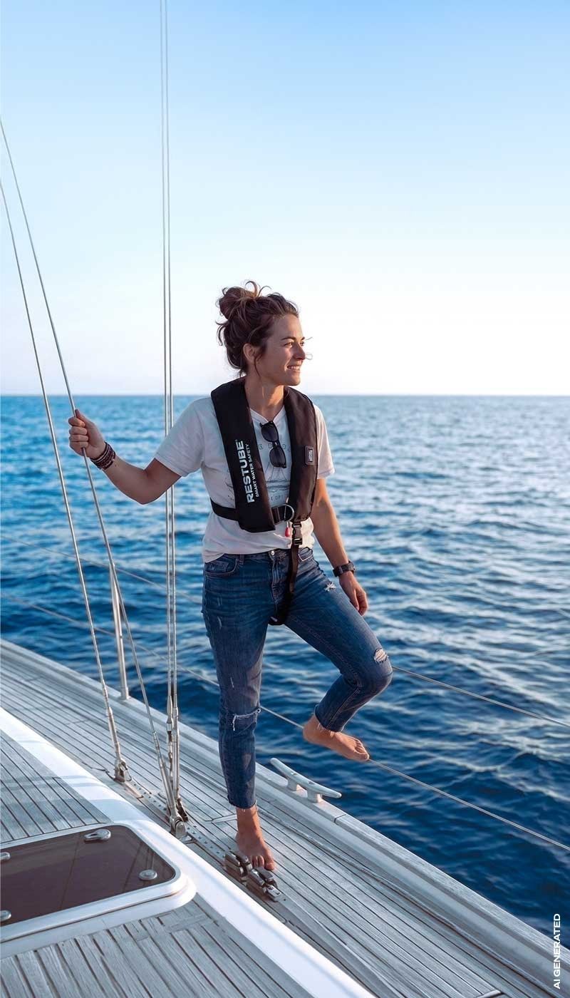 A smiling woman stands barefoot on the deck of a sailboat in the middle of the ocean, wearing jeans, a white T-shirt, and a black life jacket. She holds onto the boat’s rigging while looking toward the horizon under a clear blue sky.
