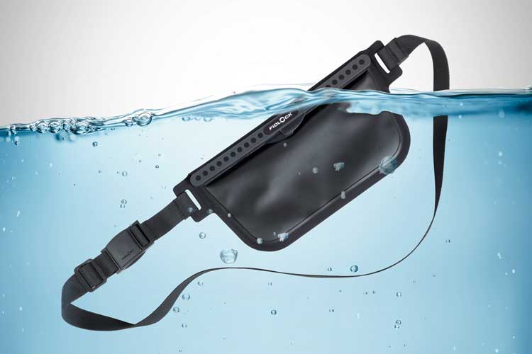 Waterproof black belt pouch shown underwater.