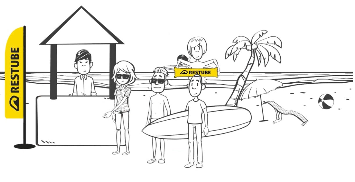 “Black-and-white beach illustration with several people in front of a small booth and palm trees. A yellow RESTUBE flag stands on the left, and one person in the water holds an inflated yellow RESTUBE buoy. Two people with sunglasses and another person holding a surfboard stand in the foreground.