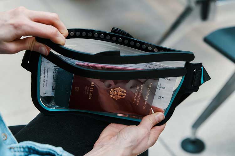 Waterproof pouch with passport and boarding pass – perfect for travel near water.