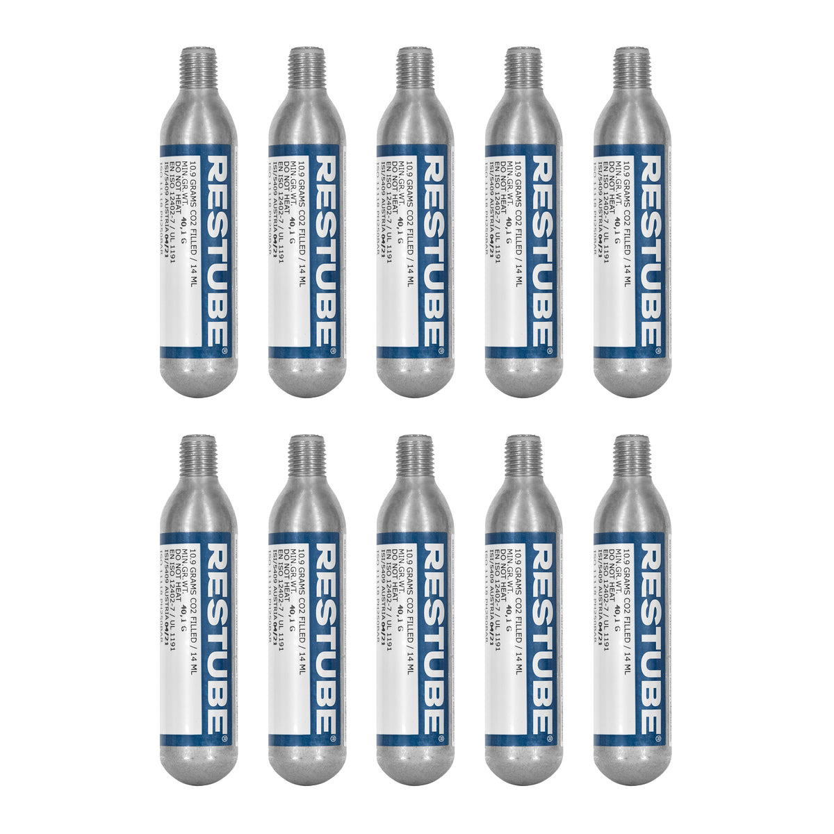 Ten RESTUBE 10.9 g CO2 replacement cartridges with blue labels, arranged in two rows of five
