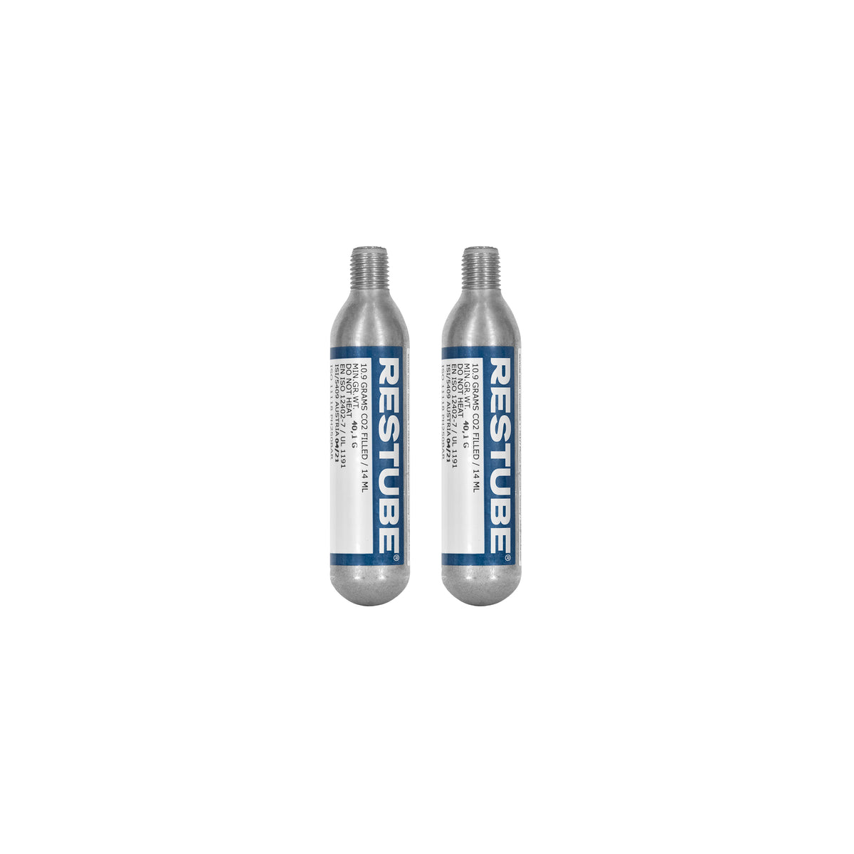 Two RESTUBE 10.9 g CO2 replacement cartridges with blue labels, side by side