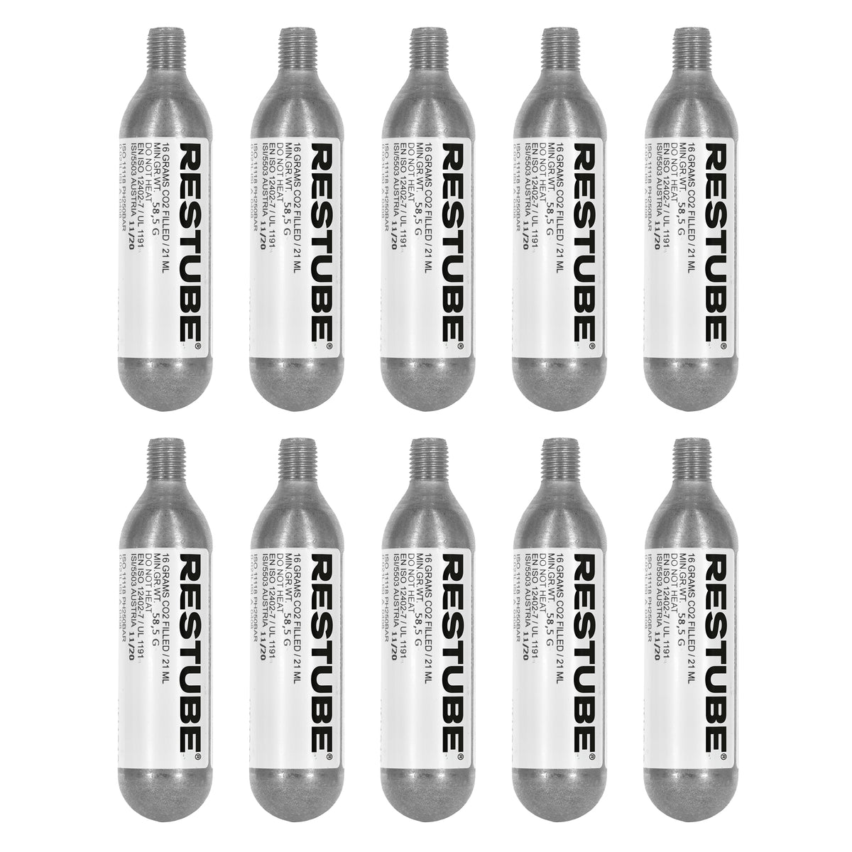 Ten RESTUBE 16 g CO2 replacement cartridges with white labels, arranged in two rows of five
