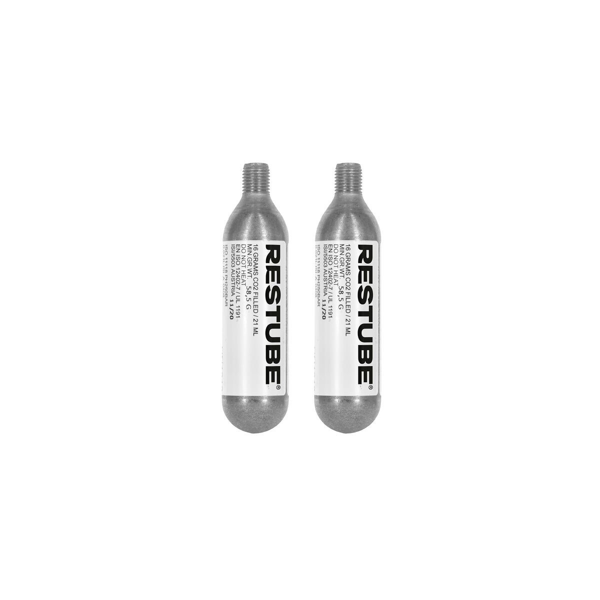 Two RESTUBE 16 g CO2 replacement cartridges with white labels, side by side