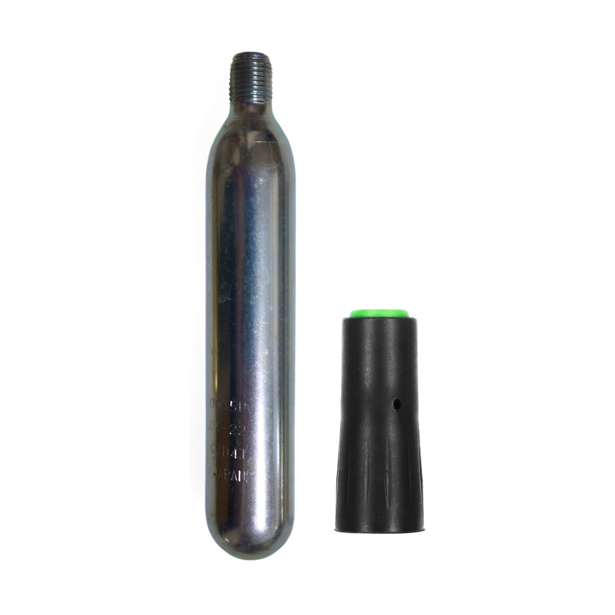 RESTUBE Rearming Kit 180: silver CO2 cartridge with threaded neck next to a black release cap with green top, on a white background