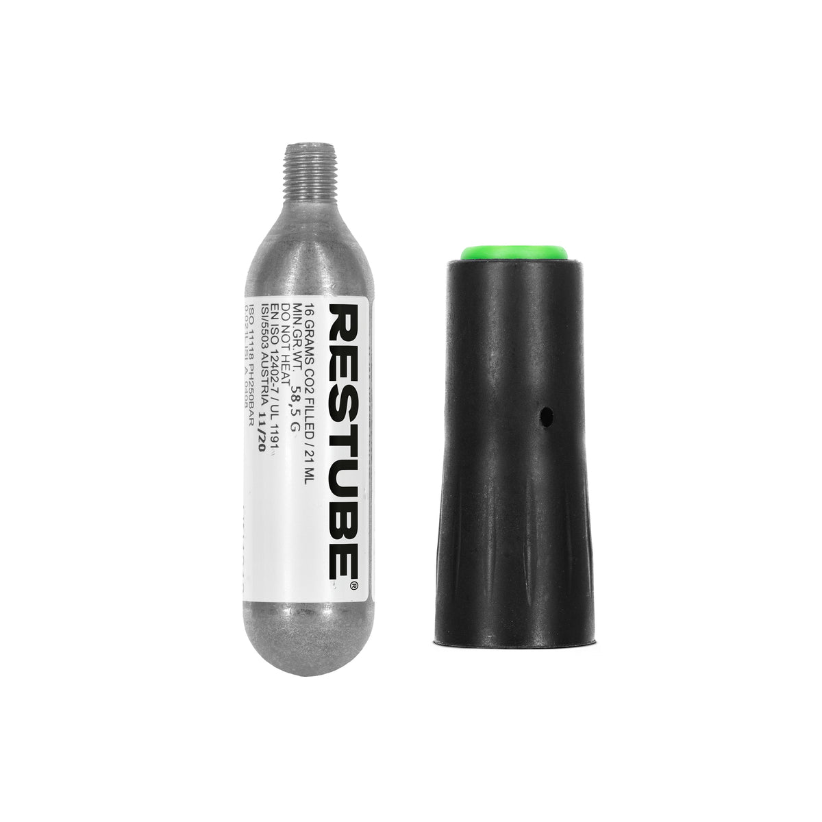 RESTUBE Rearming Kit 75: 16 g CO2 cartridge with white label next to a black release cap with green top, on a white background