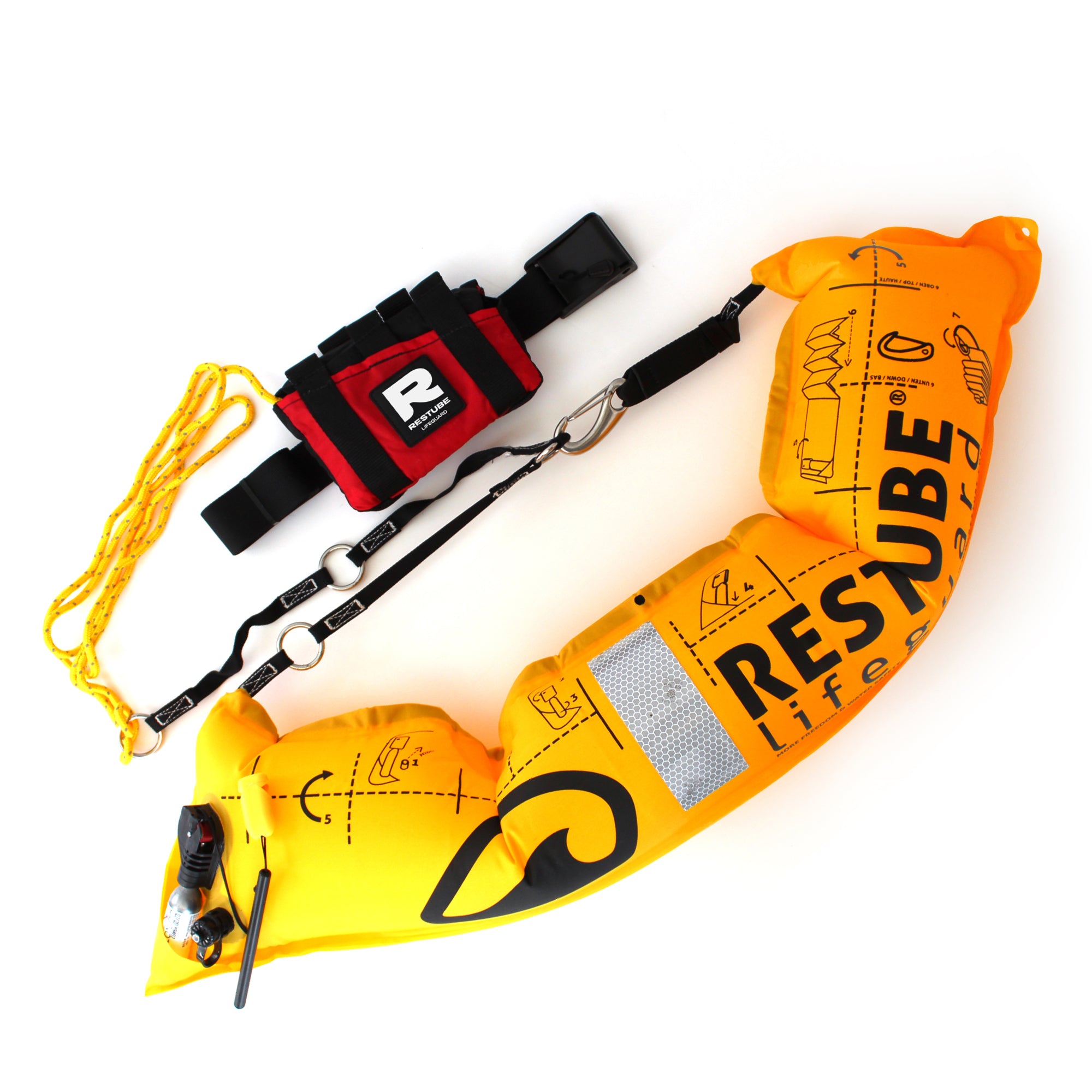Inflated yellow RESTUBE LIFEGUARD rescue buoy with black lettering and a reflective panel.