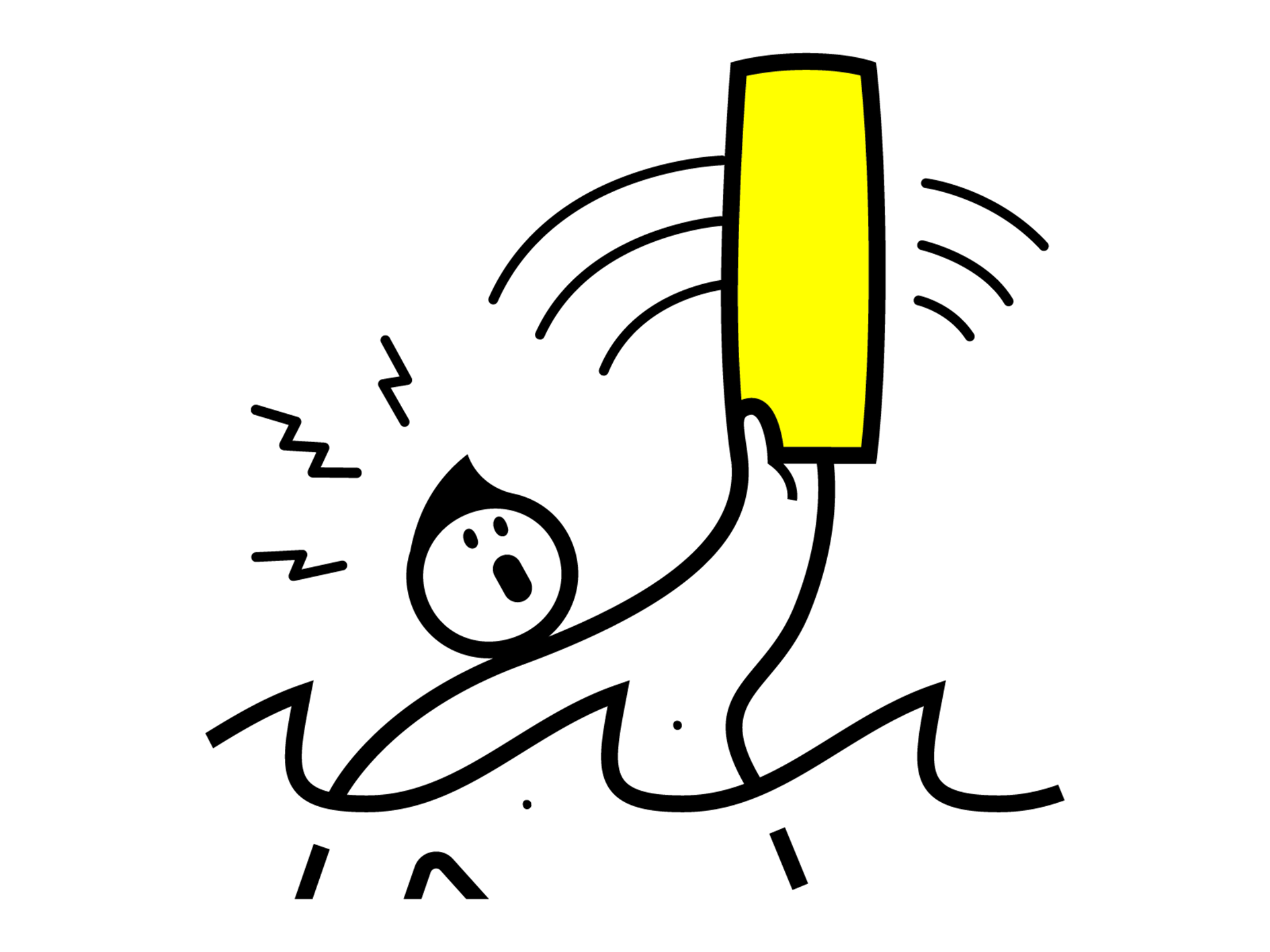 Graphic showing a swimmer raising their RESTUBE buoy – emergency signal for quick help in the water.