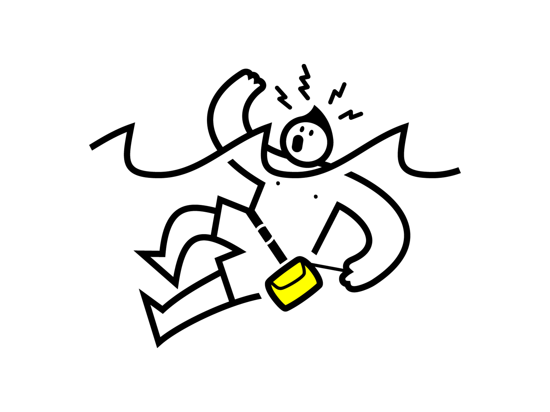 Illustration of a person in panic while swimming, secured by the yellow RESTUBE buoy – a stylized water emergency scenario.