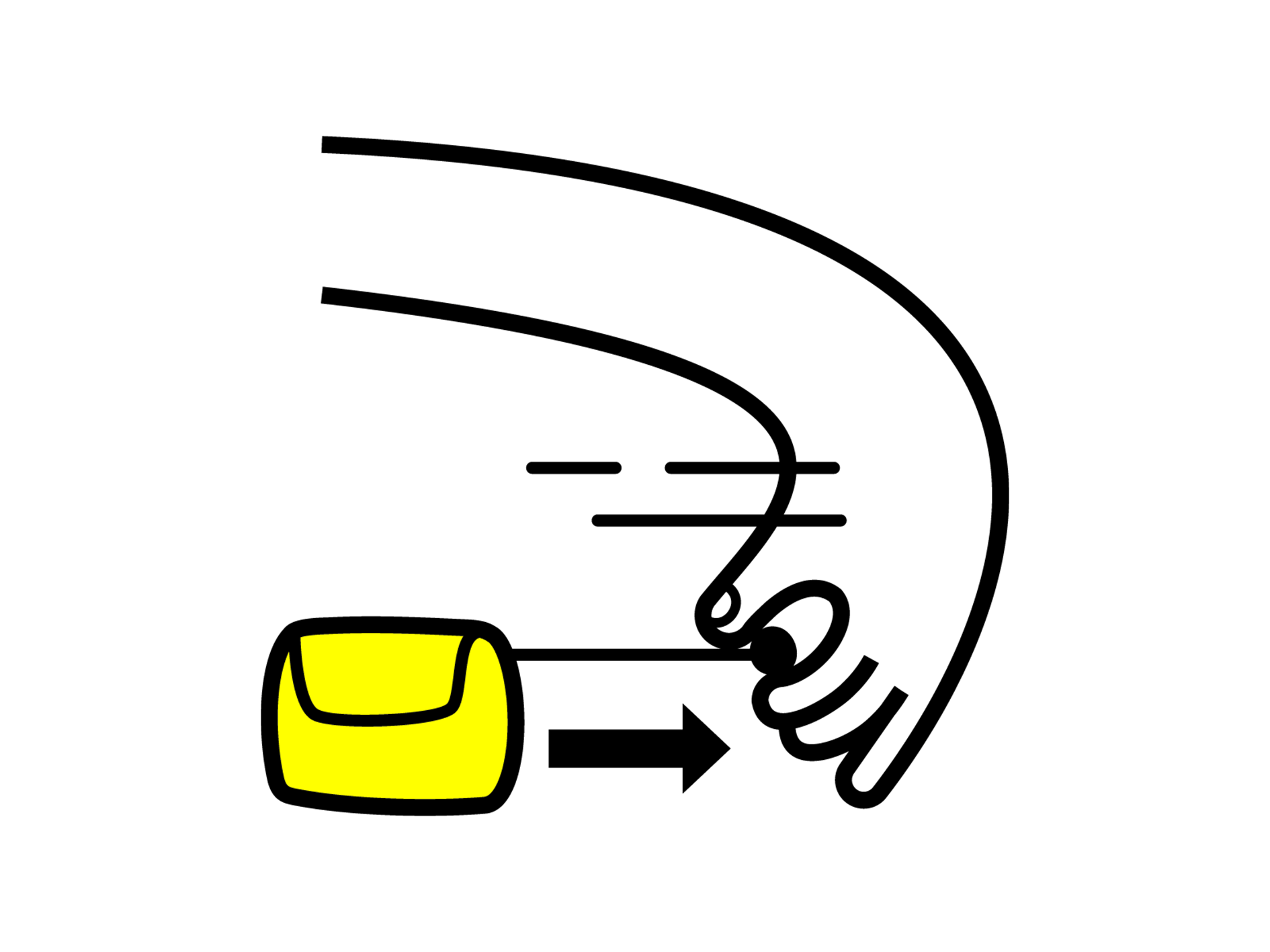 Black and white icon with yellow buoy and a flow line – illustrates RESTUBE safety buoy´s release mechanism - just pull the trigger and the buoy is filled in seconds