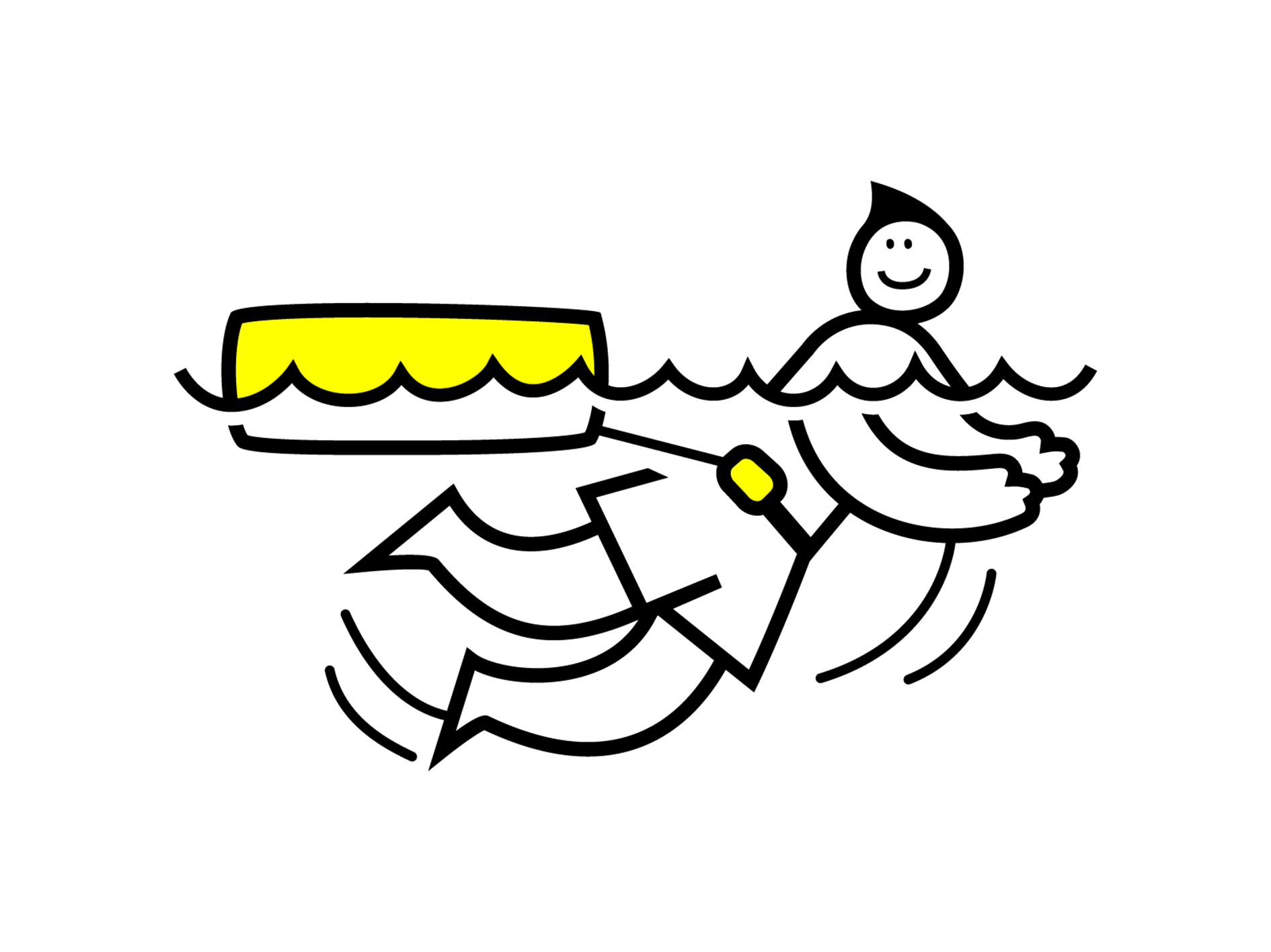 Illustration of a smiling swimmer – a bright yellow RESTUBE buoy floating securely at their hip.