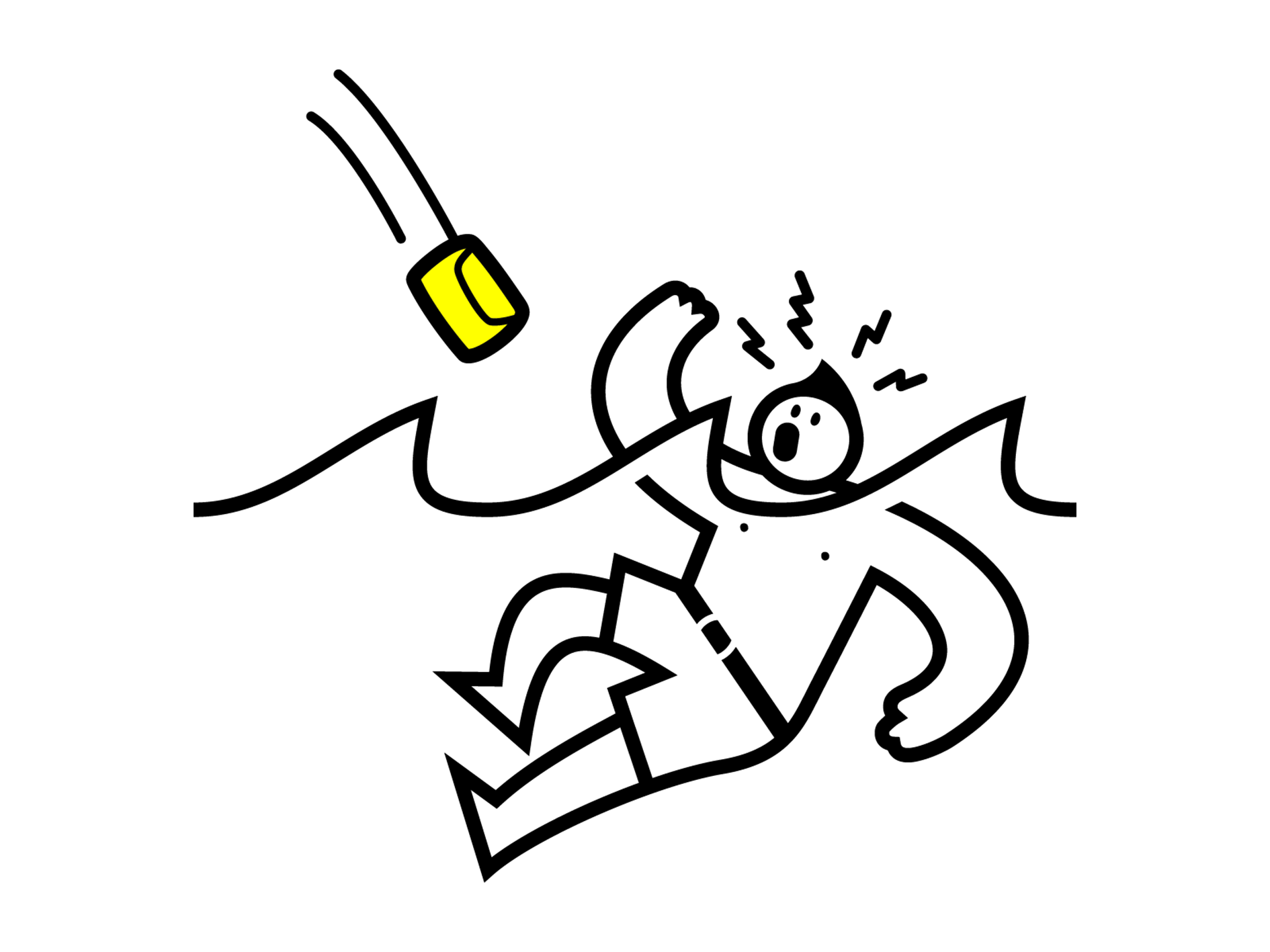 Illustration of a RESTUBE buoy being thrown into the water, helping a swimmer in distress.