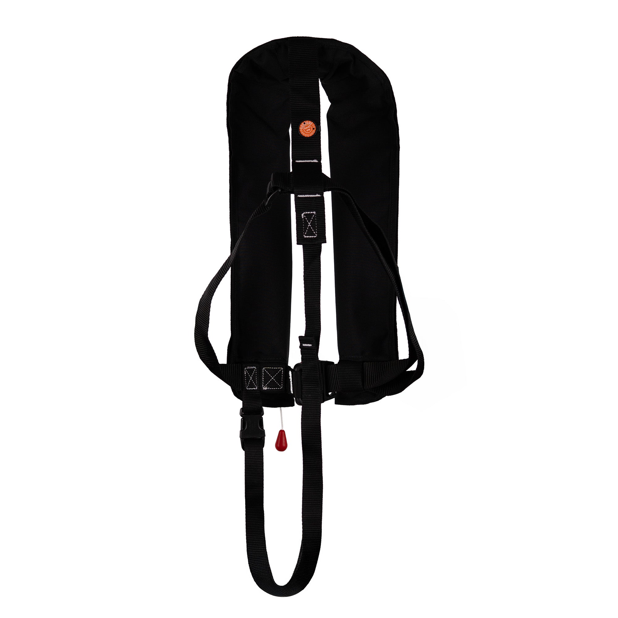 Black inflatable life jacket back view with metal buckle and adjustable straps