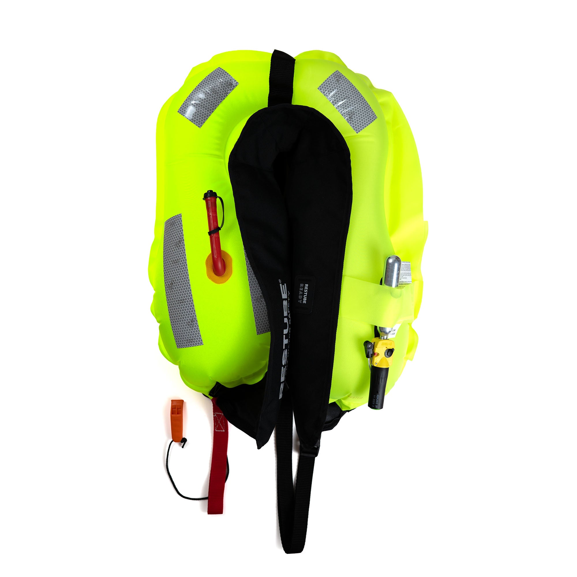 Inflated high-visibility yellow life jacket with CO2 cartridge and reflective elements