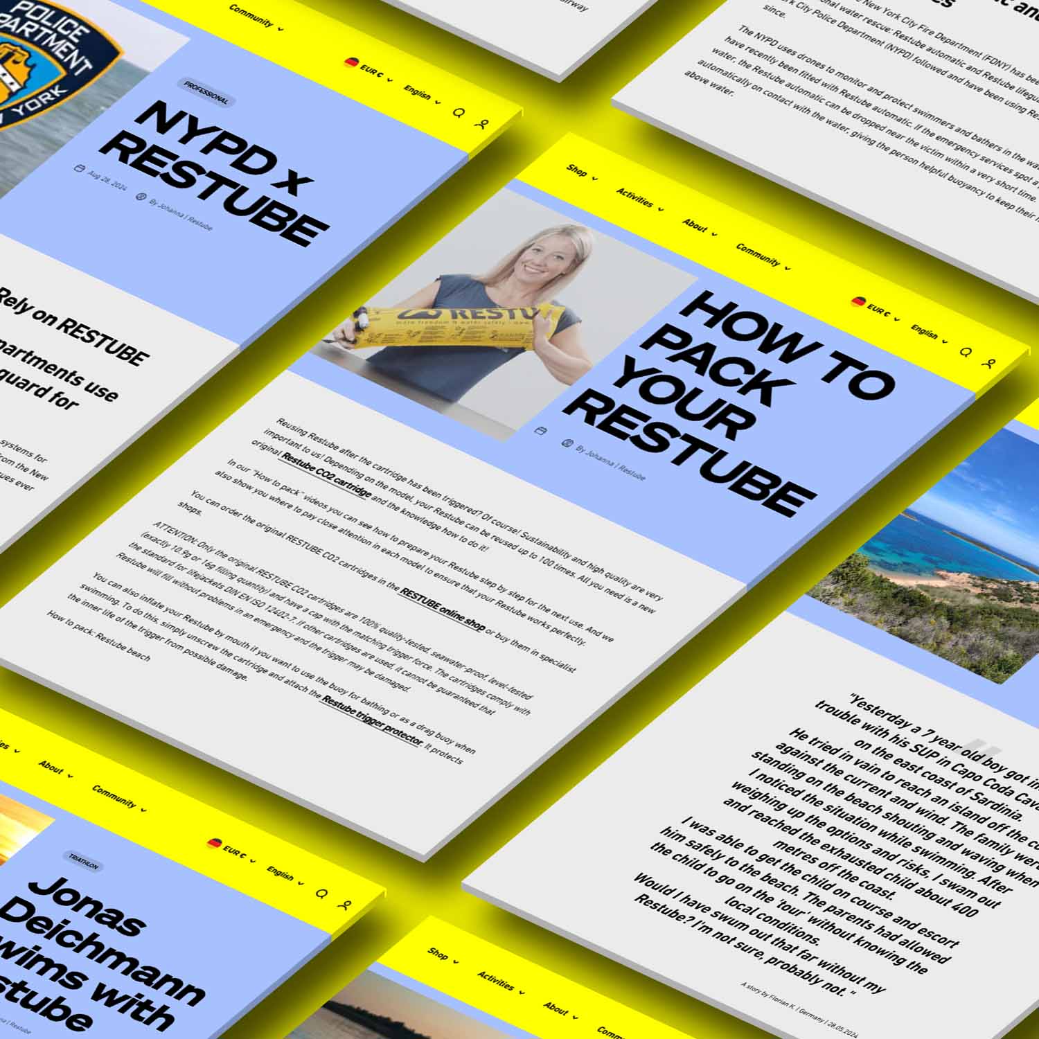 RESTUBE web magazine featuring articles like “How to Pack Your RESTUBE” – insights, tips, and stories on water safety.