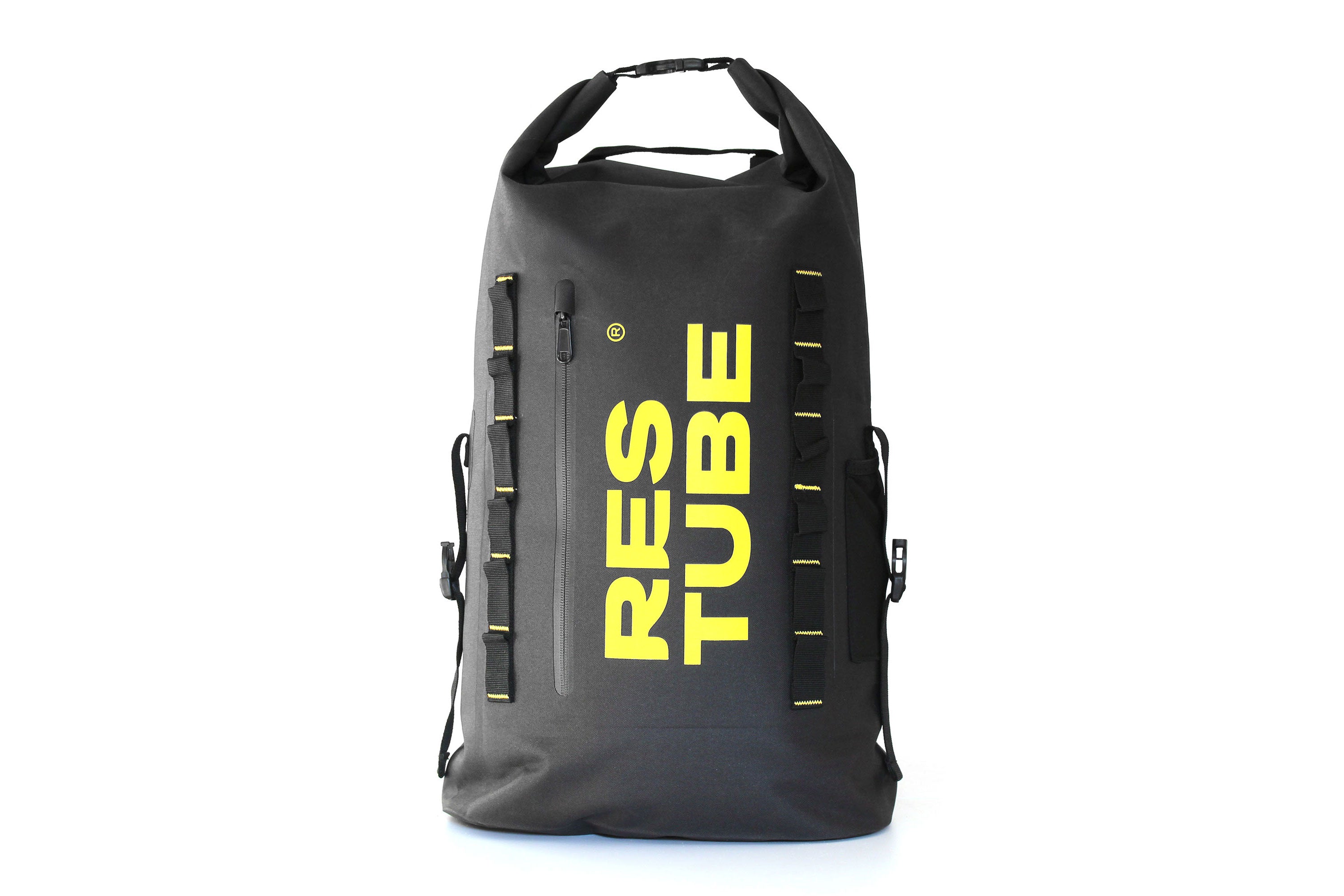 Waterproof roll-top backpack with front zipper pocket and attachment loops