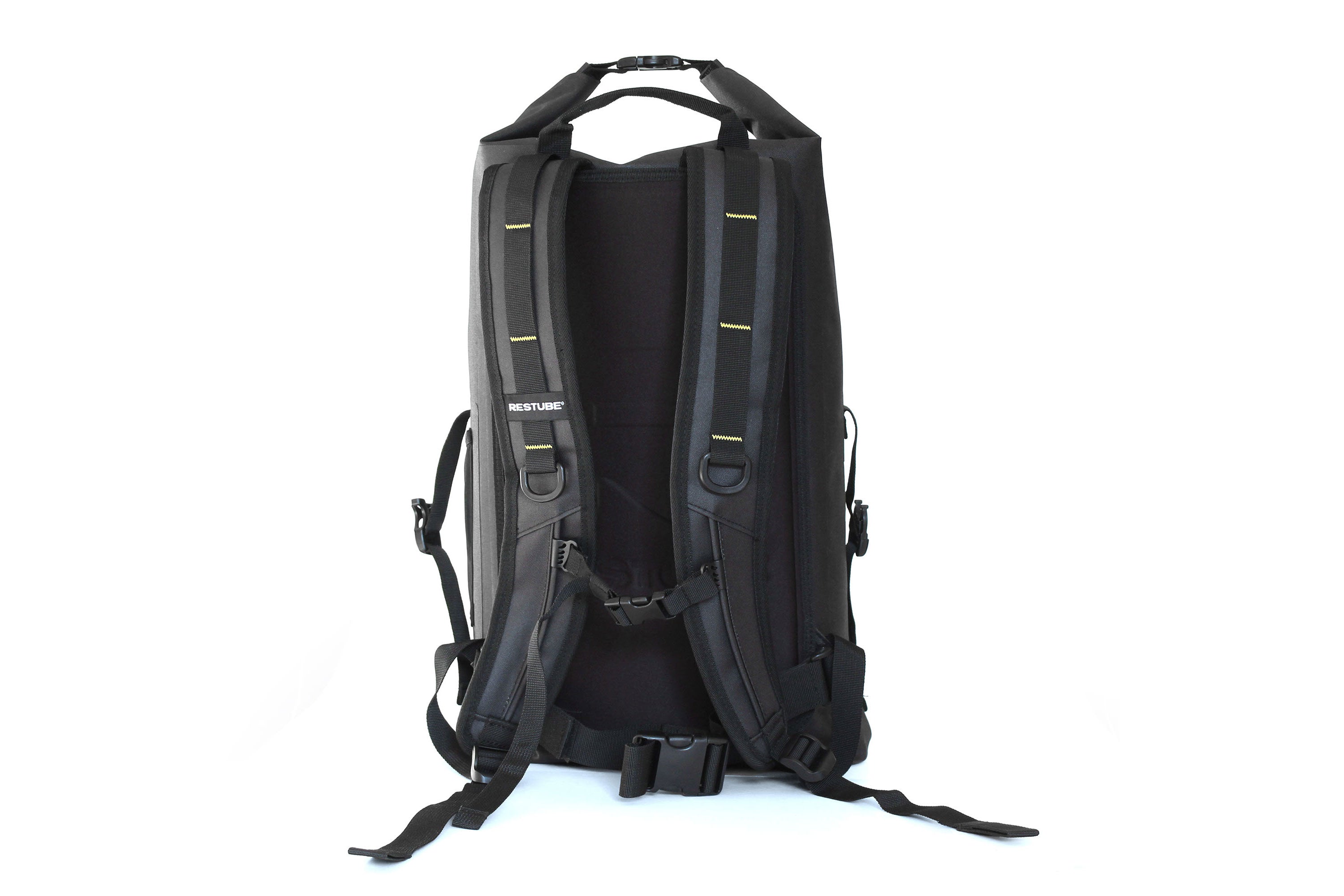 Back view of waterproof backpack with padded shoulder straps and adjustable chest and hip belt
