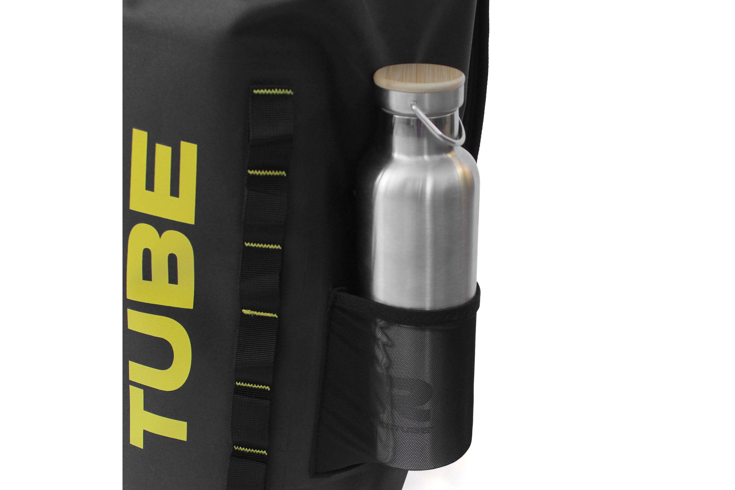 Elastic side pocket holding a reusable water bottle on waterproof backpack