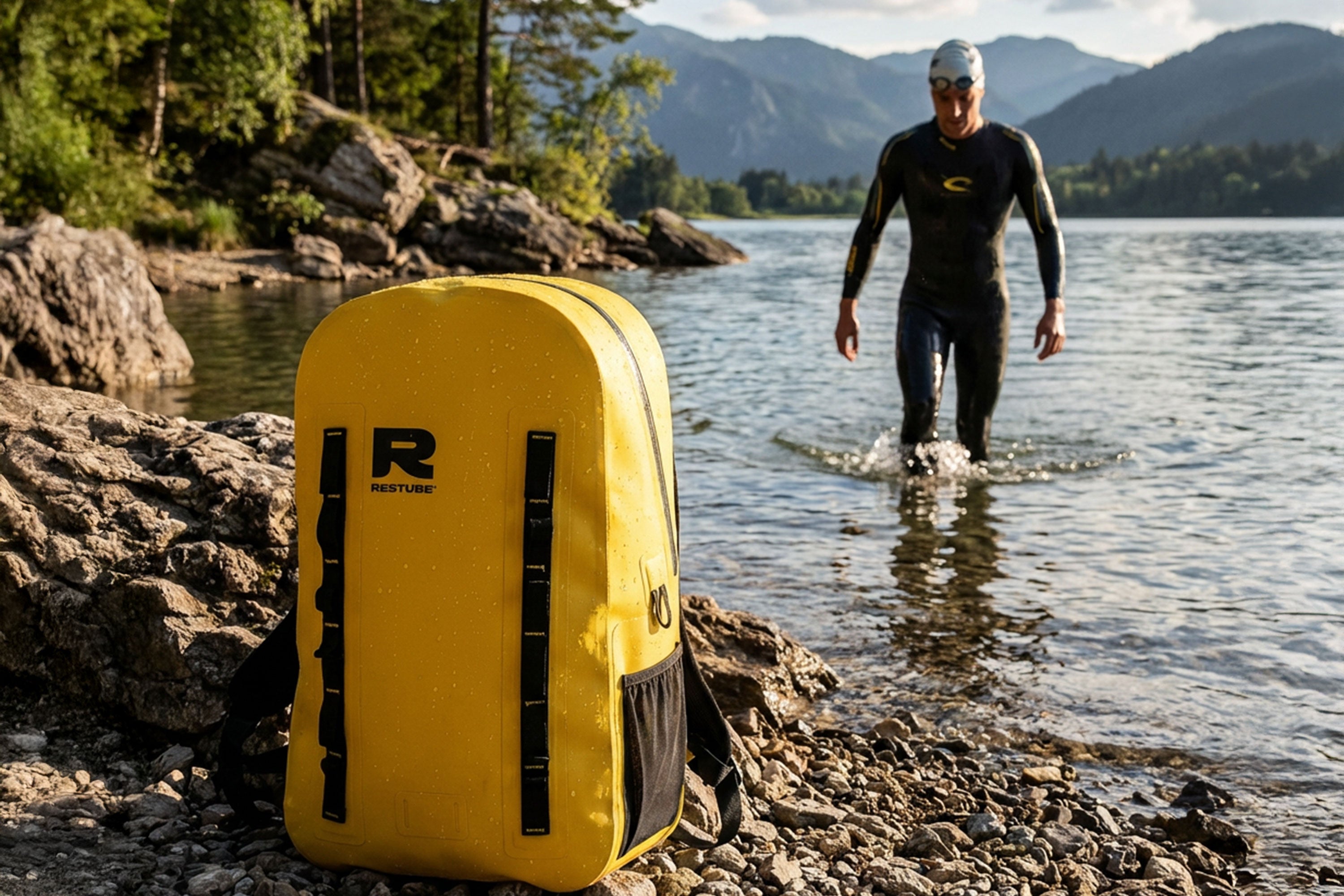 Yellow waterproof backpack on a lakeshore with a swimmer in a wetsuit walking out of the water in a mountain landscape.