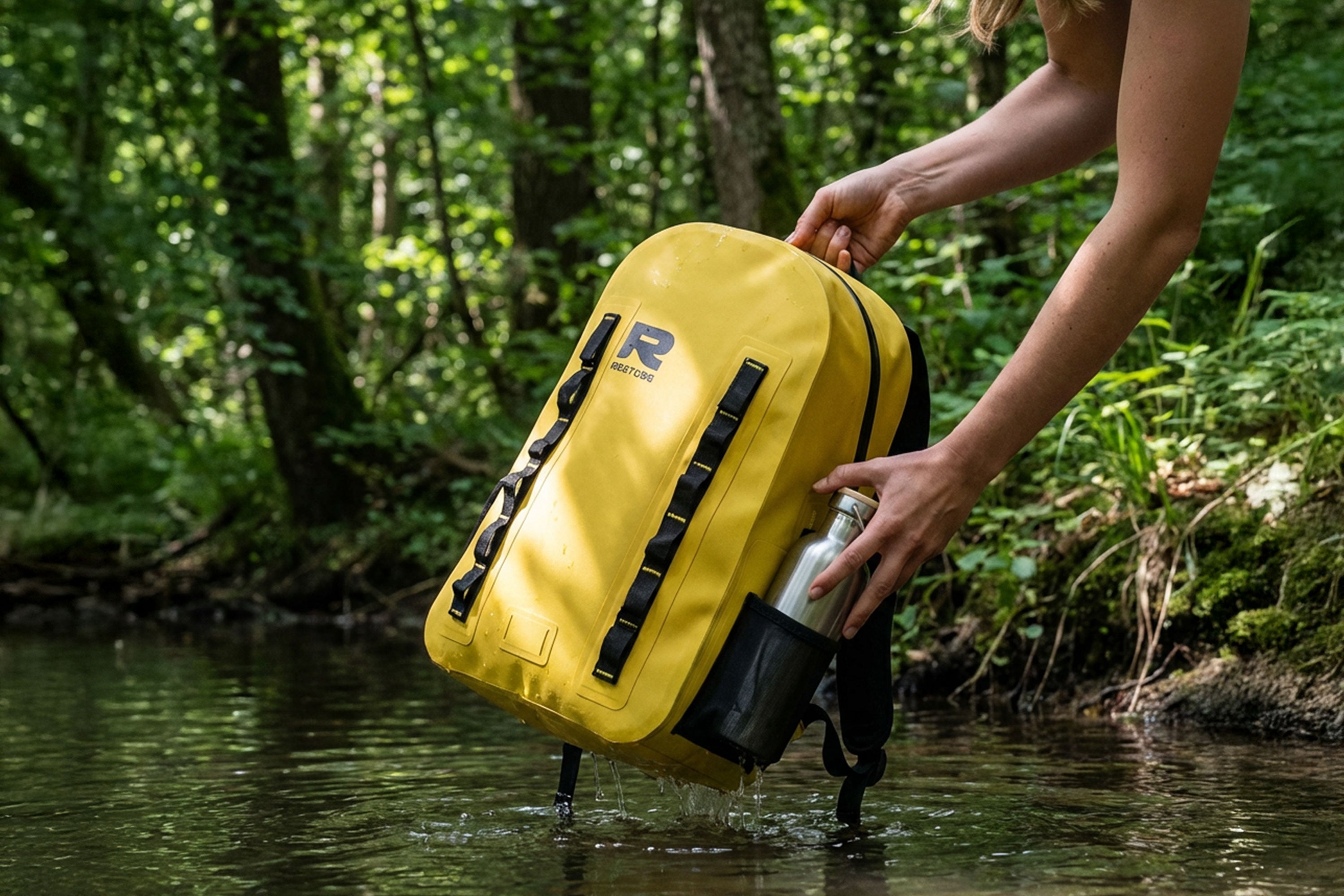 Person holding a yellow waterproof backpack in a shallow forest stream with water dripping off the bag.