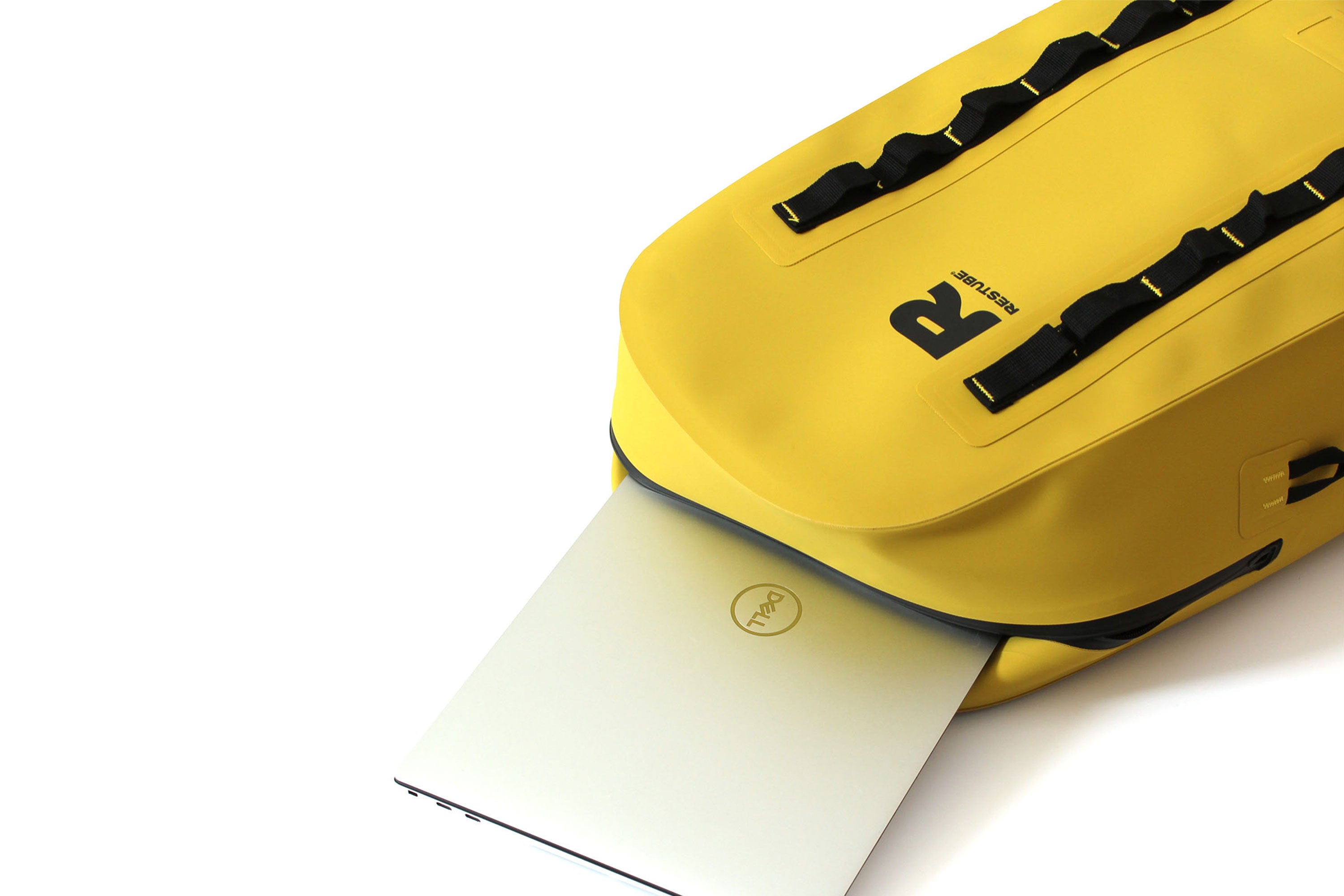 Yellow waterproof backpack with internal laptop compartment, shown with laptop partially inserted through waterproof zipper opening