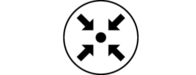 Black-and-white icon: concentric circle with four arrows pointing inward – stands for focus, safety, and compactness.