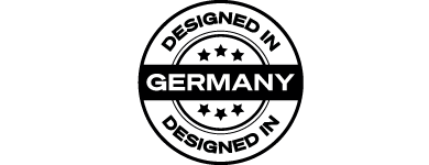 A round black-and-white logo with six start and the moto "Designed in Germany".
