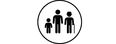 A black-and-white round icon with a child, an adult and a senior (from left to right)