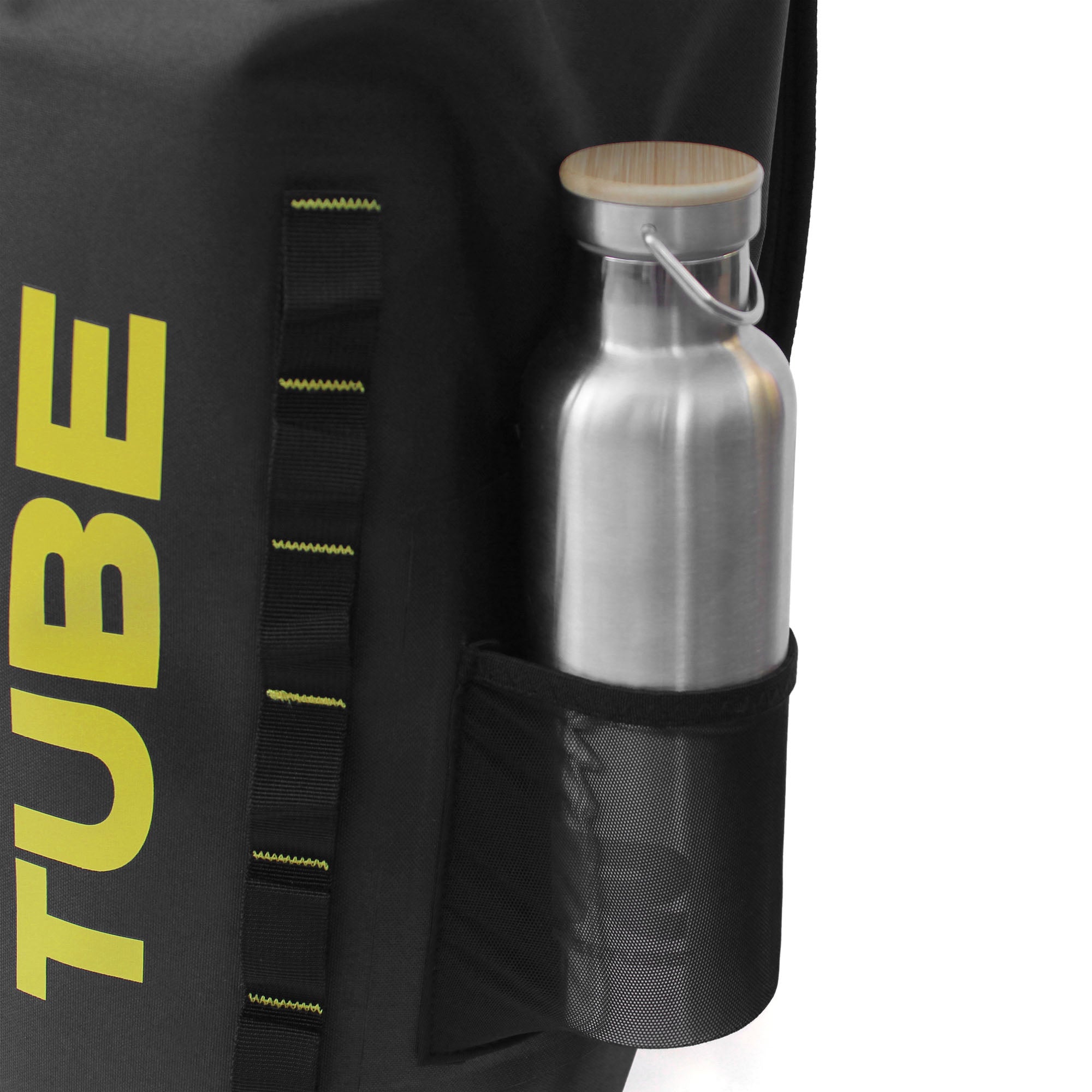 Elastic side pocket holding a reusable water bottle on waterproof backpack