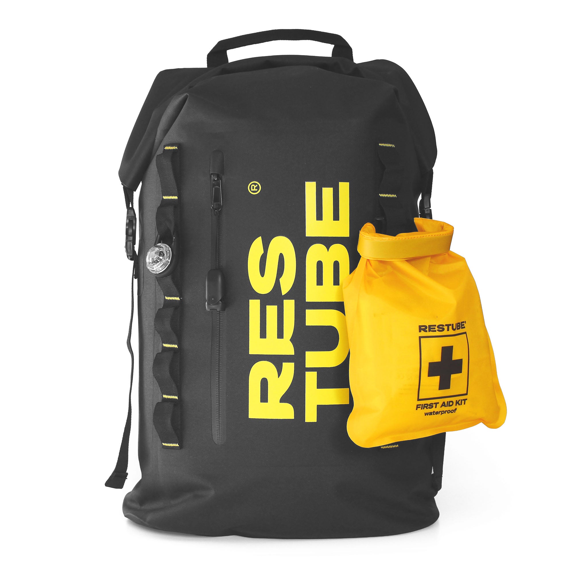 Waterproof backpack with front attachment system and mounted waterproof first aid kit