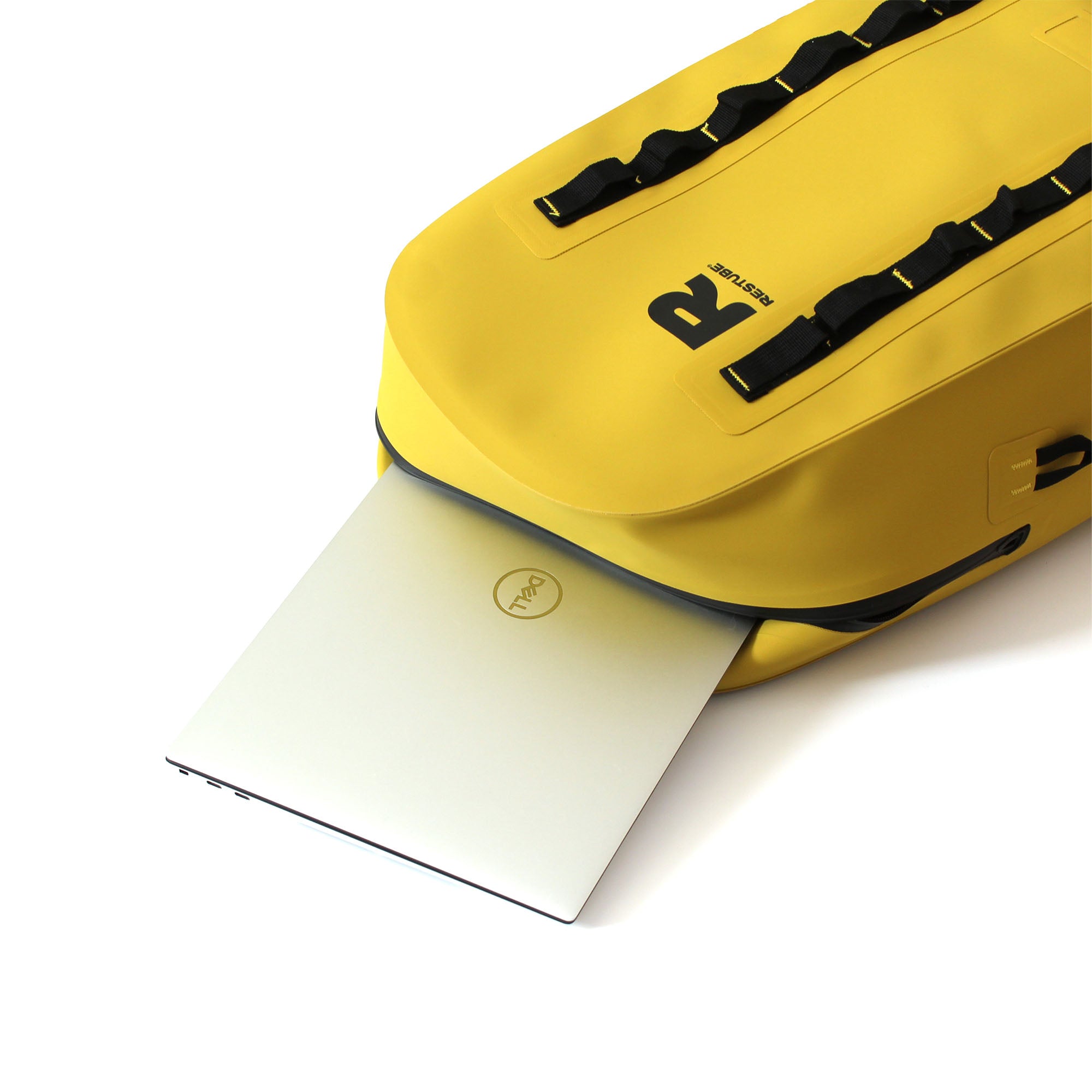 Yellow waterproof backpack with internal laptop compartment, shown with laptop partially inserted through waterproof zipper opening