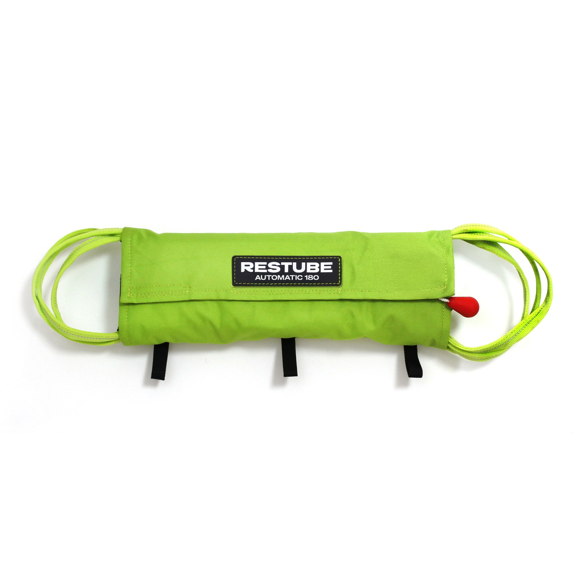 Green RESTUBE Automatic 180 buoyancy aid, rolled and stored in its zippered pouch, with the yellow safety line coiled around both ends and a red pull-toggle visible on the right side.