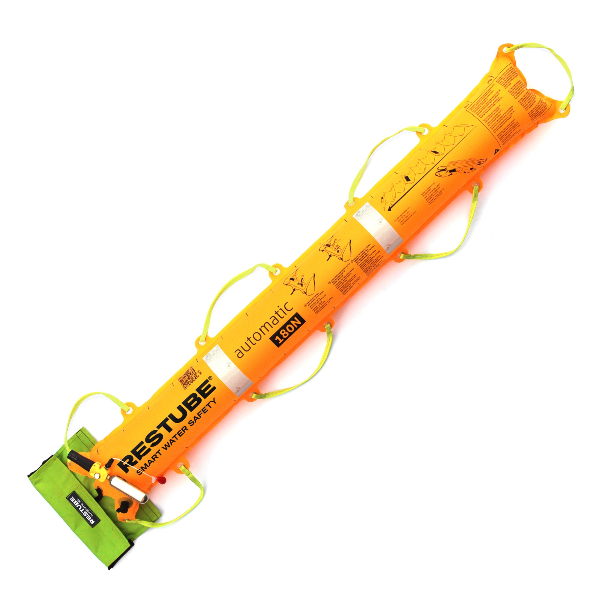 Inflated RESTUBE Automatic 180N buoyancy in bright yellow, shown diagonally with reflective panels, and yellow loop handles along its length