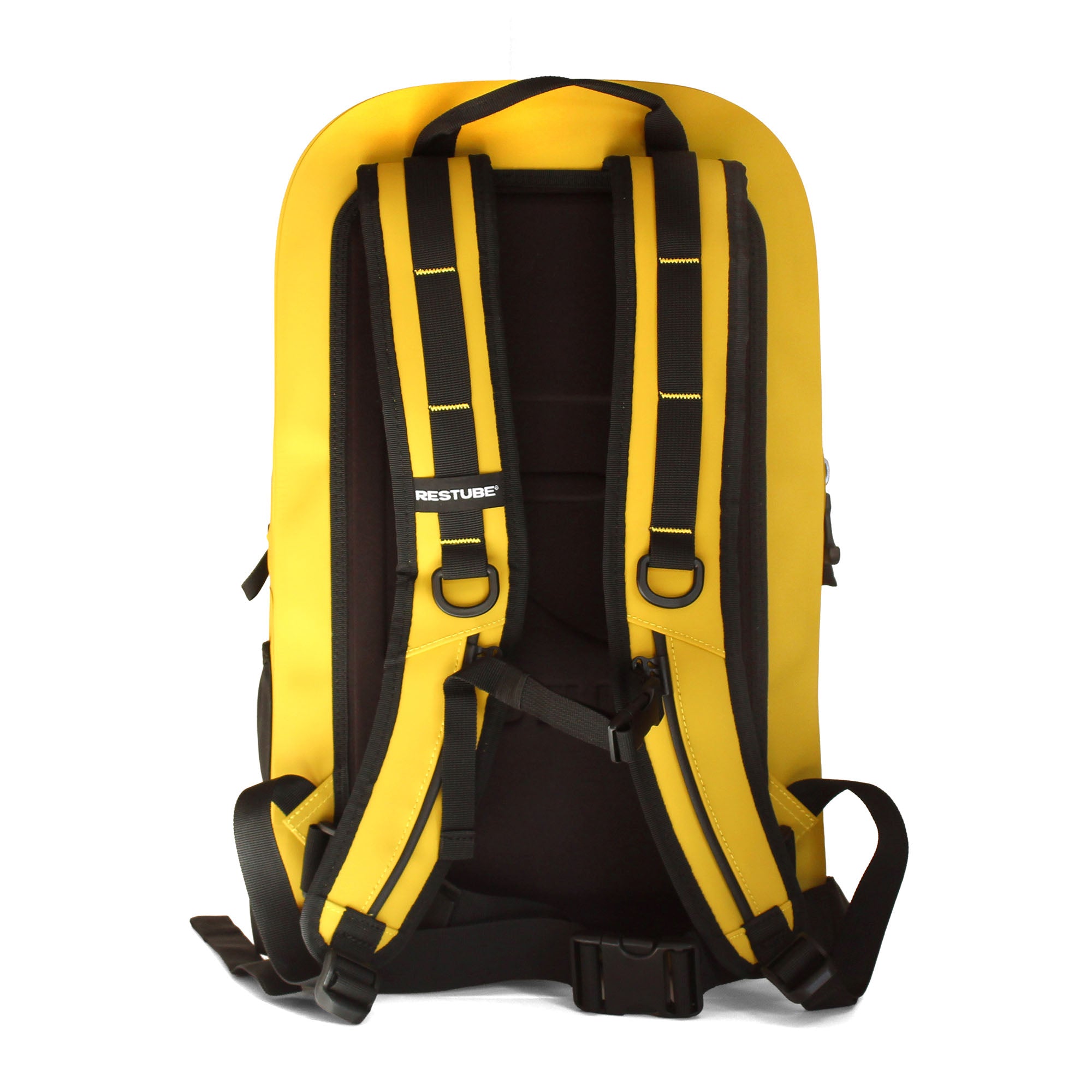 Back view of yellow waterproof backpack with padded shoulder straps, adjustable chest strap and hip belt