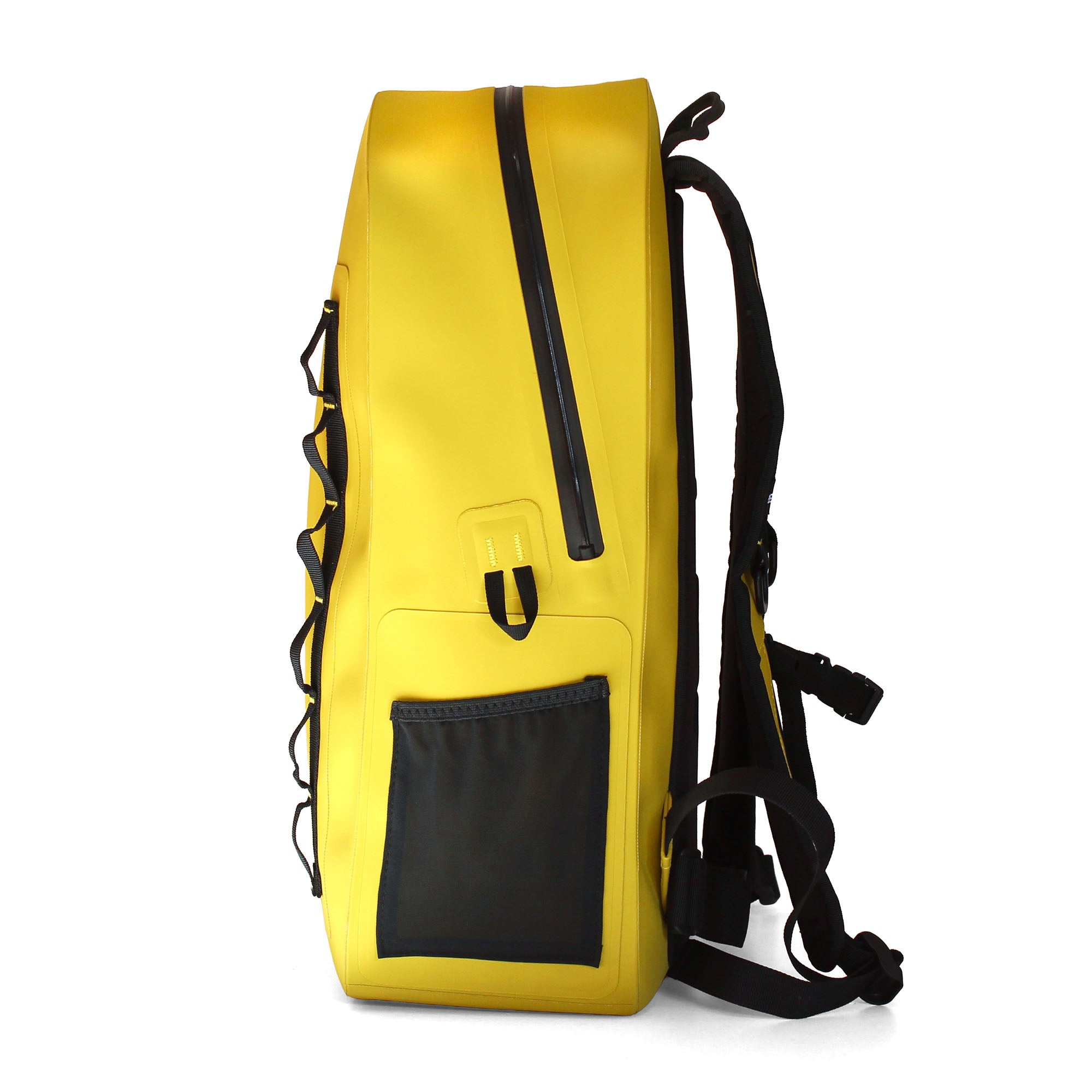 Side view of yellow waterproof backpack with waterproof zipper, elastic side pocket and ergonomic shoulder straps