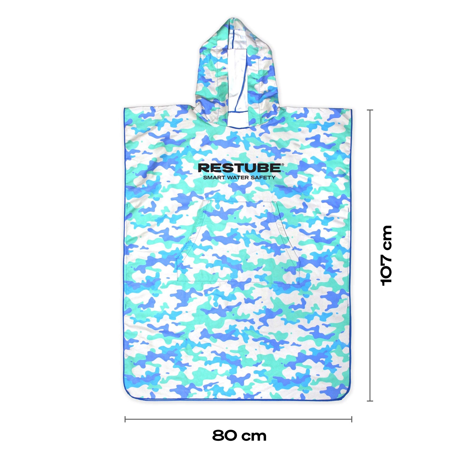 RESTUBE adult poncho in blue camo print with hood – 80 cm wide, 107 cm long
