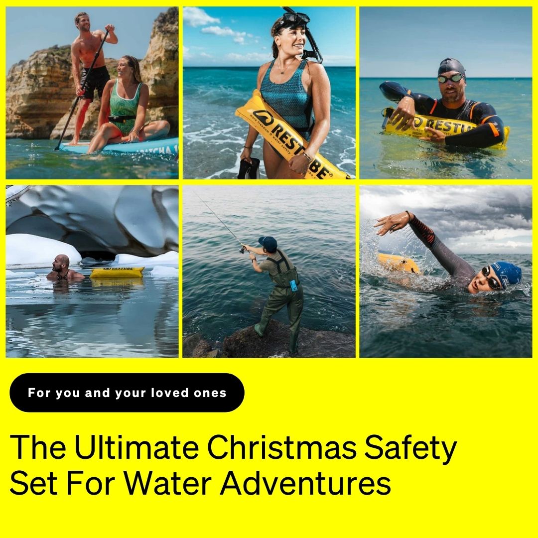 A collage of people using RESTUBE safety buoys during various water activities, including paddleboarding, snorkeling, open-water swimming, fishing, and cold-water training, with the headline “The Ultimate Christmas Safety Set for Water Adventures.”