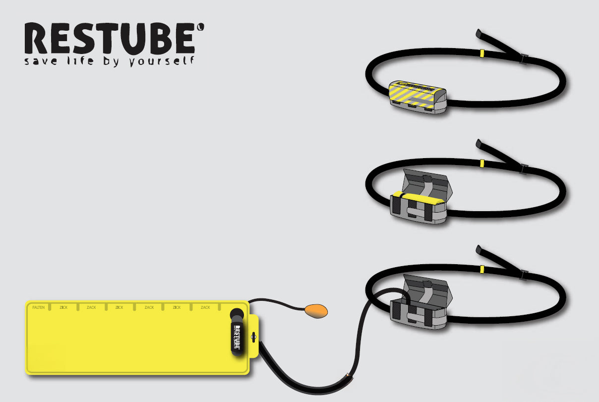 RESTUBE safety buoys with CO₂ cartridges and trigger mechanisms.