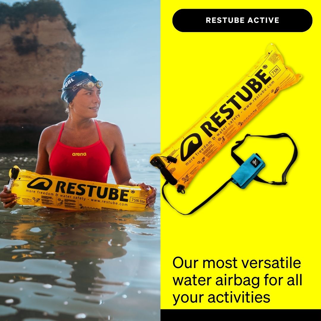 Restube Active buoy and waist pouch shown next to a swimmer holding an inflated Restube in open water.