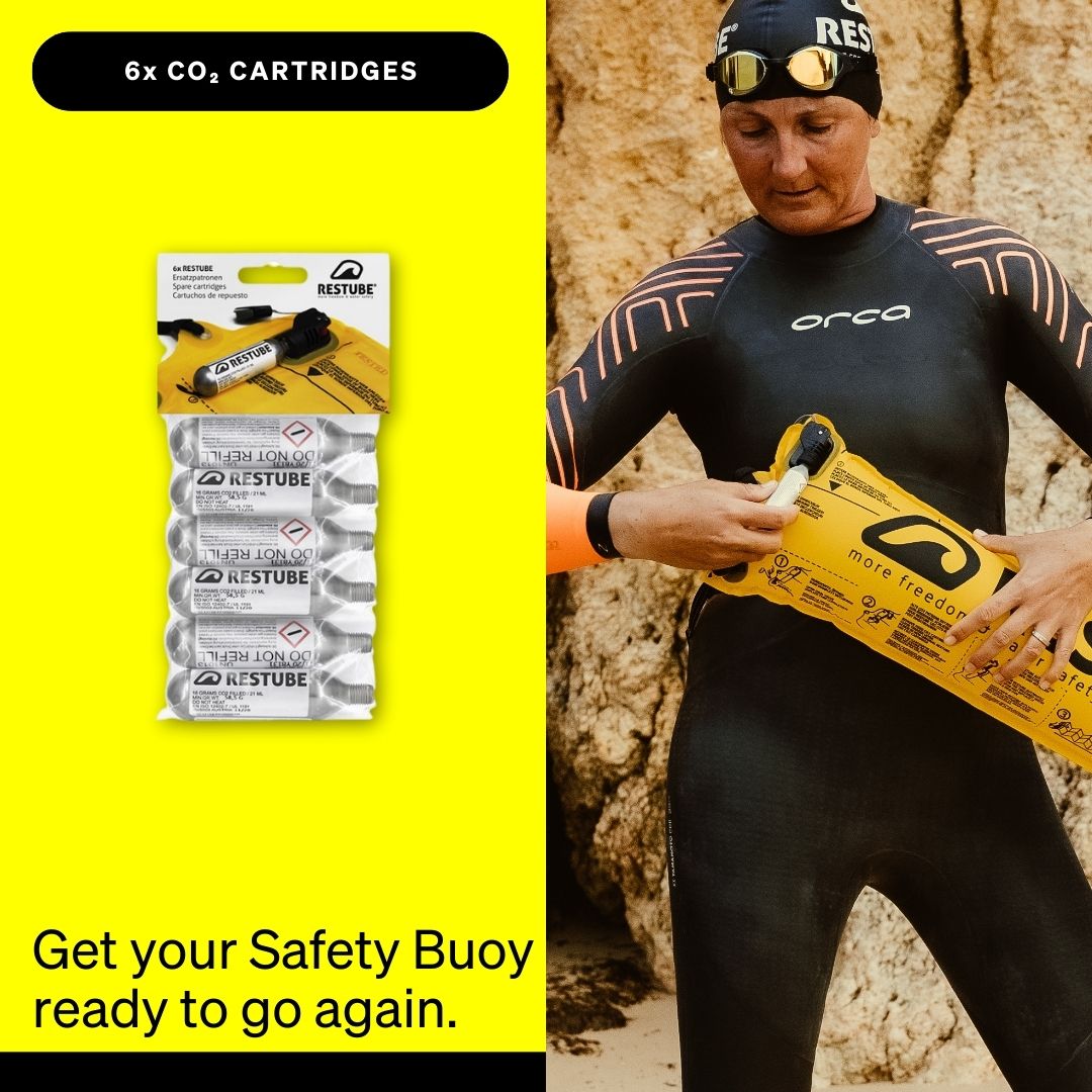 Pack of six Restube CO₂ cartridges shown alongside a swimmer rearming a Restube buoy.
