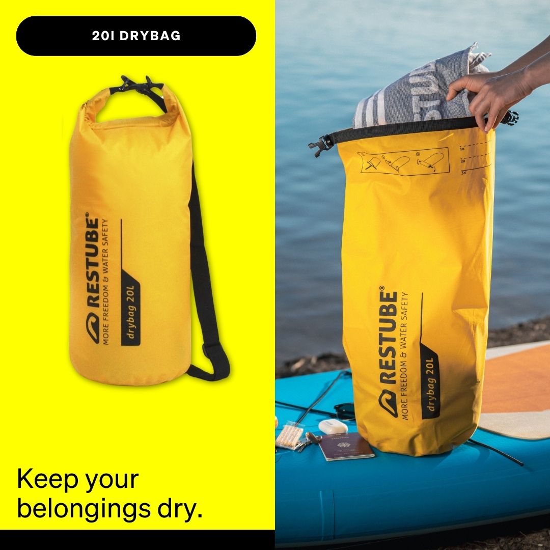 Yellow 20L Restube drybag shown alone and in use while packing gear on a paddleboard.