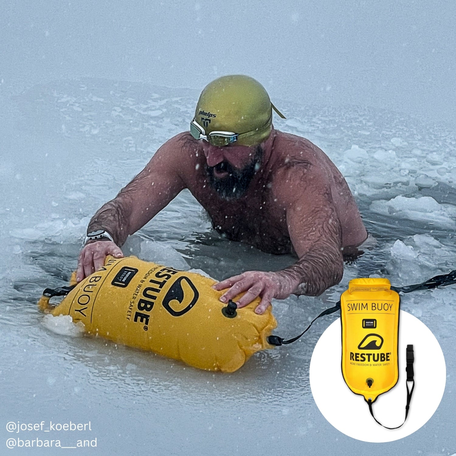 A man in icy water with RESTUBE swim buoy – for flotation and visibility during iceswimming.