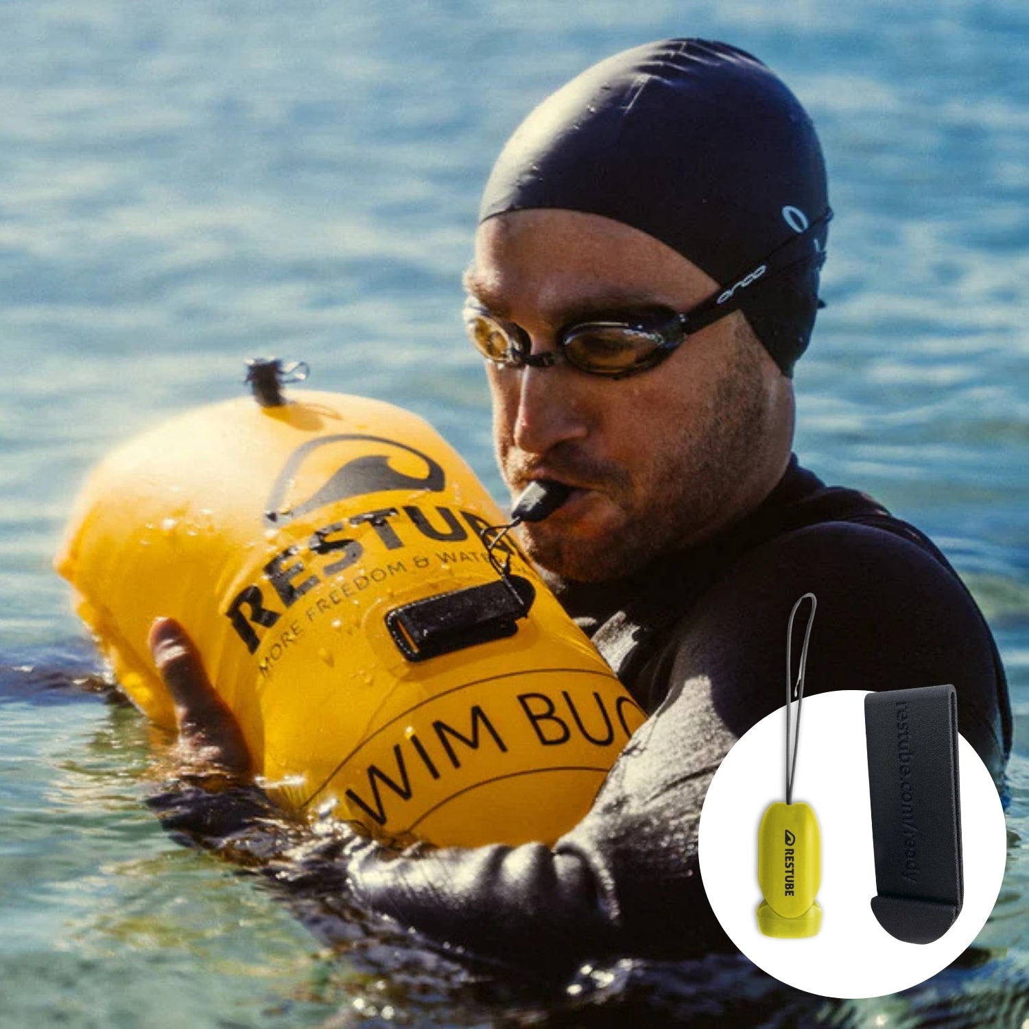 Swimmer holding the RESTUBE swim buoy, blowing into a wistle strapped to the buoy with a connector